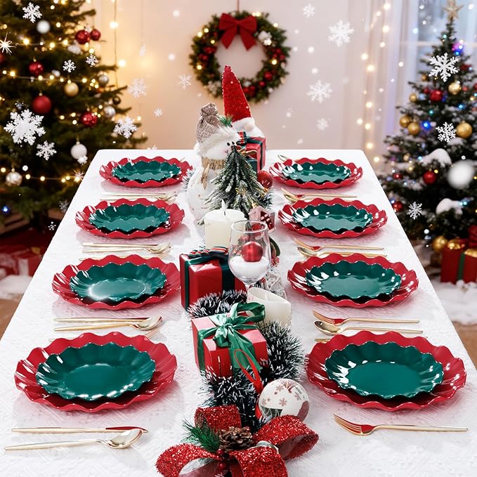 LIYH 50 Pcs Red Plastic Plates Reusable Christmas Plastic Plates Unbreakable Holiday Dinnerware Set Scalloped Plate for Christmas Day,Dishwasher Safe BPA Free (25Guests)