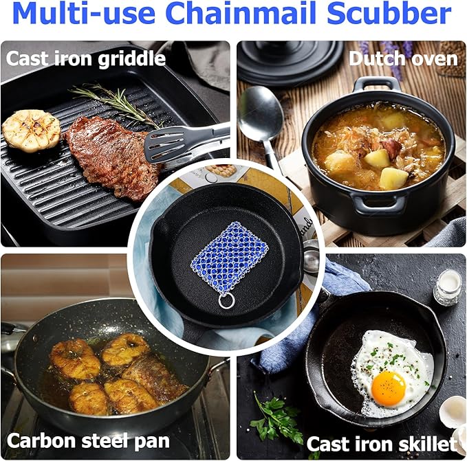 Cast Iron Scrubber with Bamboo Fiber Cloth and Pan Scraper, 316L Cast Iron Cleaner Set – Removes Stains, Protects Coatings, Safe for Dutch Oven, Skillets, Griddles(Blue)
