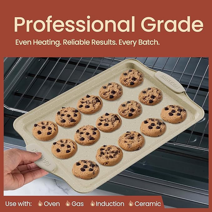 BAKKEN Cookie Sheets for Baking Nonstick Set - 3-Piece Stackable Carbon Steel Baking Sheet Pans Set with Silicone Handles, Non Toxic Cookie Sheets for Baking Bakeware Set - White Marble
