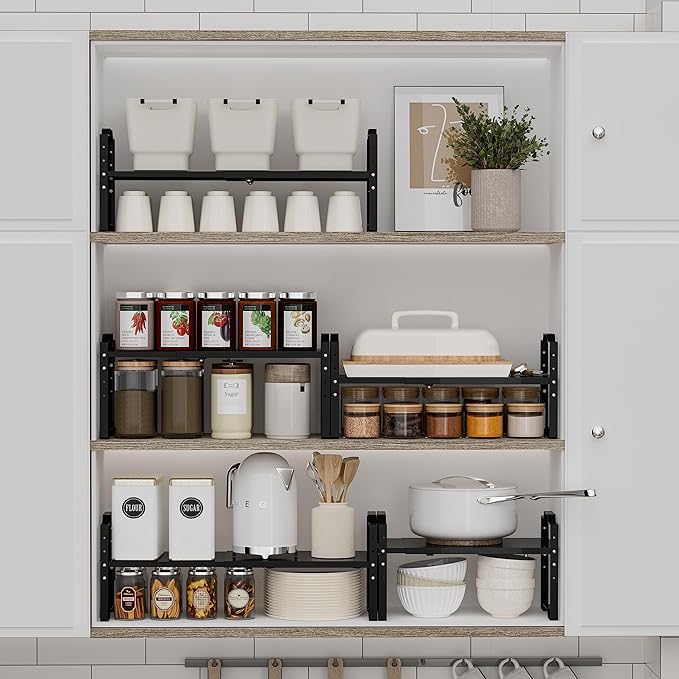 Expandable Shelf for Cabinet Organizer Adjustable Stackable Spice Rack at Kitchen and Bathroom More, Counter Countertop Cupboard Organization Pantry Storage(MEDIUM/1PACK/BLACK)