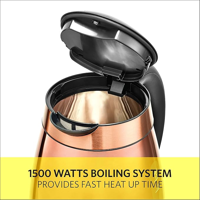 BELLA 1.7 Liter Electric Illuminated Glass Kettle, Quickly Boil Water for Tea, Coffee, Instant Soup and More, Safely Pour with Automatic Shut Off & Detachable Swivel Base, Chrome/Copper Finish