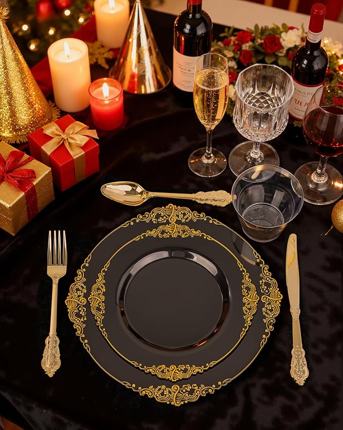 Nervure 350PCS Black Plastic Plates - Black Plastic Dinnerware Sets for 50 Guests - 100 Disposable Plates, 150 Gold Silverware, 50 Cups, 50 Napkins for Wedding & Party & Halloween