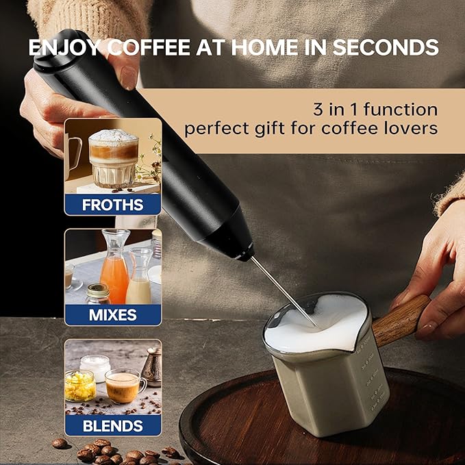 YSSOA Electric Milk Frother Handheld with Stainless Steel Stand Battery Operated Whisk Drink Mixer for Coffee, Frappe, Latte, Matcha, Hot Chocolate, Black 2 Pack