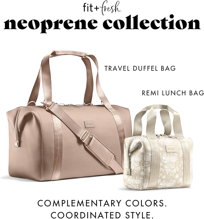 Fit & Fresh Remi Neoprene Lunch Bag For Women - Meal Prep Kit with Containers & XL Ice Pack, Self Insulating Neoprene-like Material, Machine Washable Lunch Bag, Tear & Stain-Resistant, Tan Toile