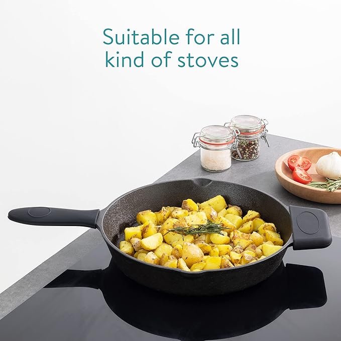Navaris Cast Iron Skillet - 12 inch Cast Iron Pan - Seasoned Cookware for Frying, Cooking, Oven, Stove Top, Camping - Includes Silicone Handle Covers
