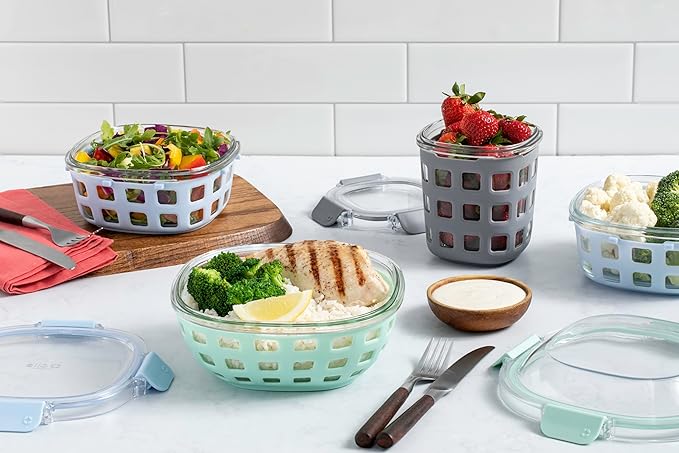 Ello Duraglass Meal Prep Lunch Bowl Container, 5 cup- Glass Food Storage Container with Silicone Sleeve and Airtight BPA-Free Plastic Lid, Dishwasher, Microwave, and Freezer Safe