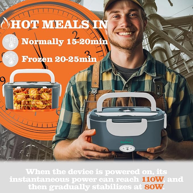 Buddew Electric Heated Lunch Box for Adults - 80W Fast Heating, 1.5L Food-Grade Stainless Steel, 12V/24V/110V Portable Food Warmer for Work Travel Car, Lonchera Electrica Portatil