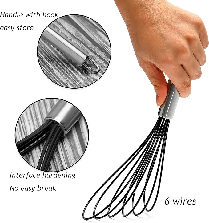 Flat Whisk Set,Stainless Steel 3 Pack 10''+11''+12'' Premium Sturdy-6 Silicone Heads Non Stick Wires Whisk for Blending Beating Stirring Kitchen Cooking by Jell-Cell (Black)