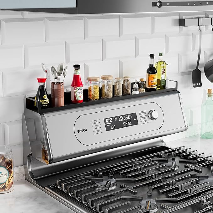 4X Strong Magnetic Shelf for Stove Top, Adjustable 15-30 Inches, Fits Various Stove Lengths, Kitchen Organizer, Holds Spices, Condiments and BBQ Sauces (Matte Black)