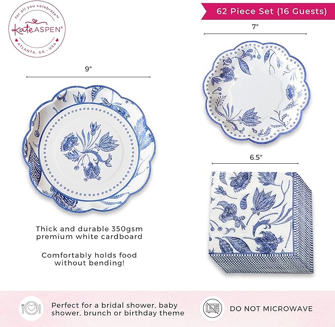 Kate Aspen Blue Willow Paper Plate and Napkin Set - Elegant Disposable Plates for Weddings, Something Blue Before I Do Bridal Shower Decorations, Baby Shower Plates, Tea Party Supplies - 62 Piece
