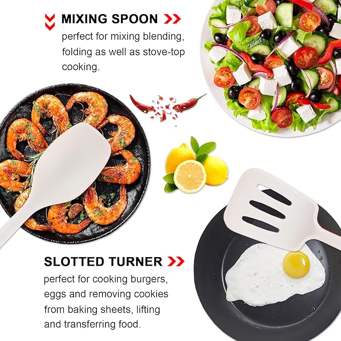 Silicone Kitchen Utensils Set of 4, Large Non-Stick Cooking Utensil Set w Wooden Handle Food Grade Heat Resistance Turner Spoon Silicone Cooking Kitchen Gadgets BPA Free for Nonstick Cookware