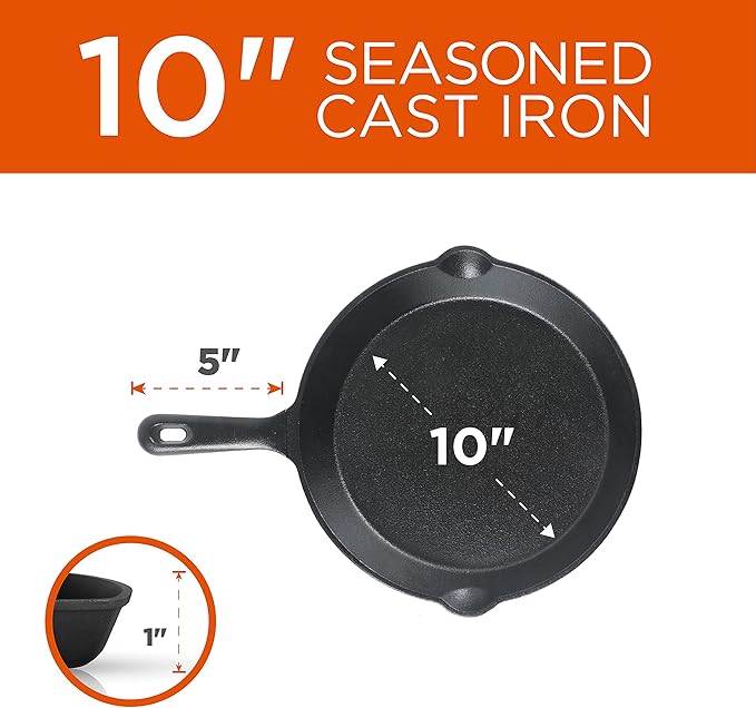 Commercial CHEF 3-Piece Cast Iron Skillet Set – 8 inch, 10 inch, and 12 inch - Pre-seasoned Cast Iron Cookware