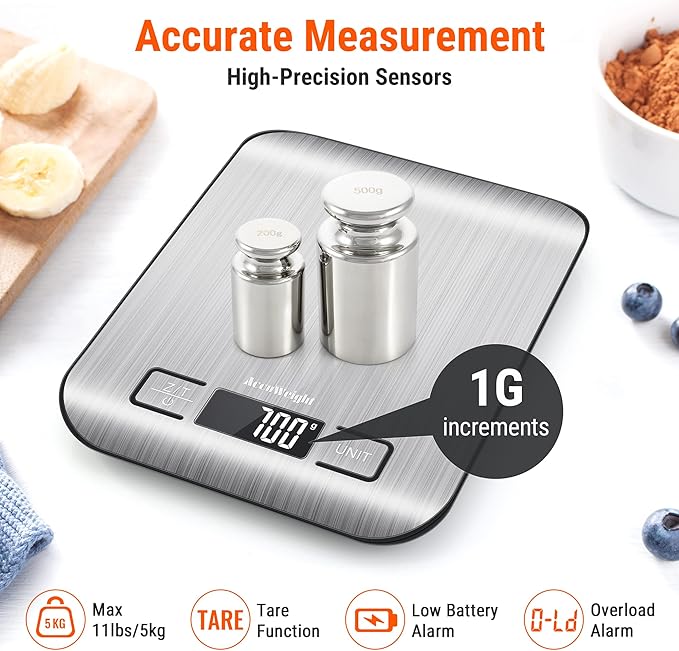 AccuWeight 211 Digital Kitchen Food Scale for Cooking Baking Coffee Scale 5000g by 1g with Tare and LCD Display Food Weight Scale, 8.11×6.42×1.18" Silvery