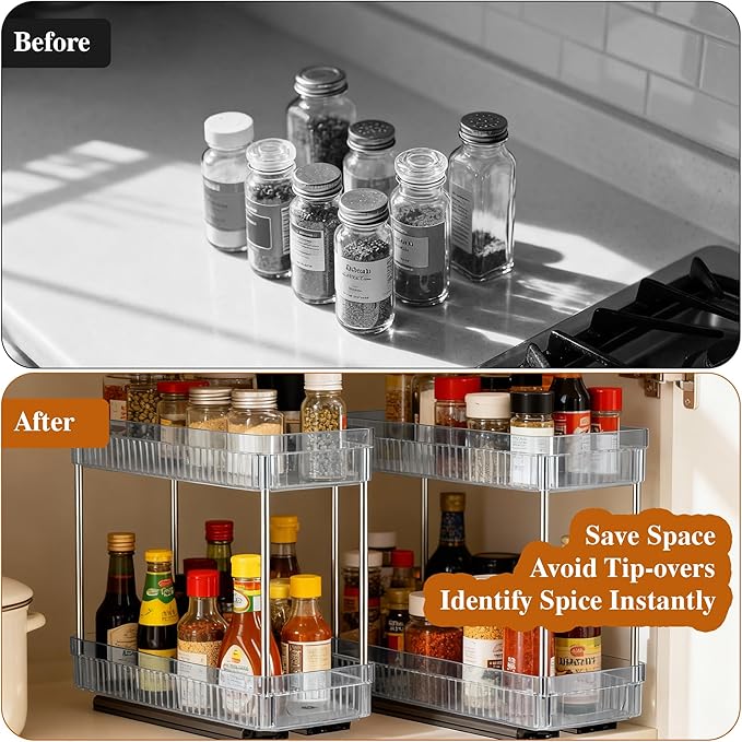 2 Pack Pull Out Spice Rack Organizer for Cabinet, 2 Tier Slide Out Spice Racks Organizer, Spice Cabinet Organizers, Cabinet Size Need:12'' High x 11'' Deep x 5'' Wide, Clear Acrylic