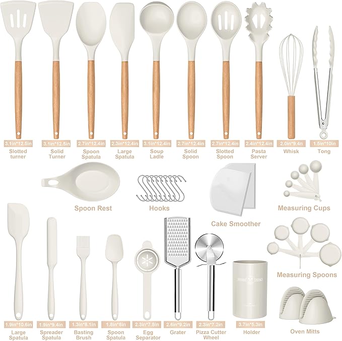 Silicone Cooking Utensils Set, 43Pcs Non-Stick Heat Resistant Kitchen Utensils Spatula Set with Wooden Handle for Baking, Cooking, and Mixing, Best Kitchen Gadgets Tools with Holder (White)