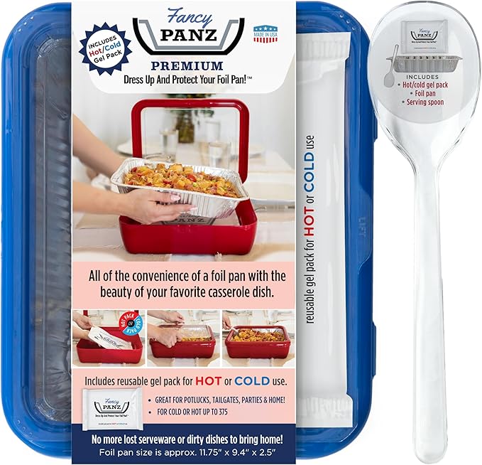 Fancy Panz - Denim Blue Premium Aluminum Foil Pan Carrier with Lid & Hot/Cold Pack - Elevated Food Serving Tray - Portable Casserole Carrier with Lid - Made in the USA Hosting Essentials