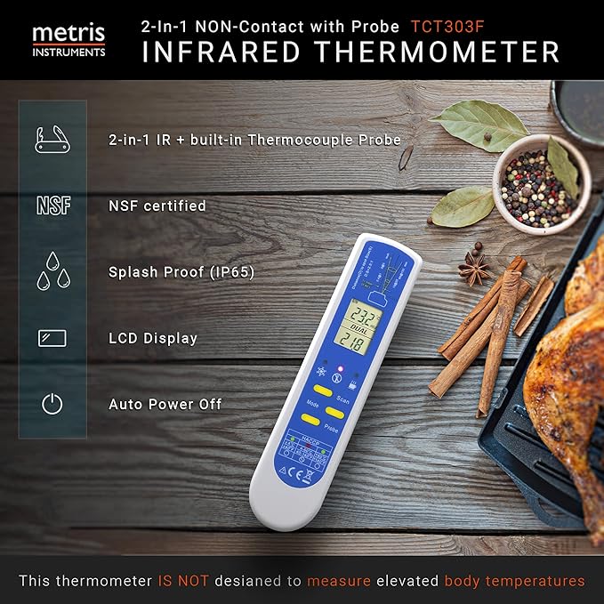 Food Cooking Meat Thermometer Digital Infrared Instant Read with Probe for Kitchen, Outside Grill, BBQ Smoker, Model TCT303F-NSF NSF Approved