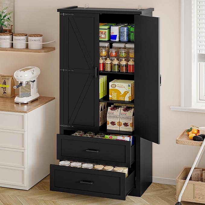 Pantry Organizers and Storage Cabinet, 71” Barn Door White Kitchen Cabinet with Drawers and Adjustable Shelf, Tall Pantry for Kitchen, Dining Room, Living Room. Bathroom and Office