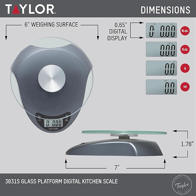 Taylor Digital Kitchen Scale with Glass Platform, Tare Button, and Plastic Body Weighs up to 11 Pounds Capacity, Silver