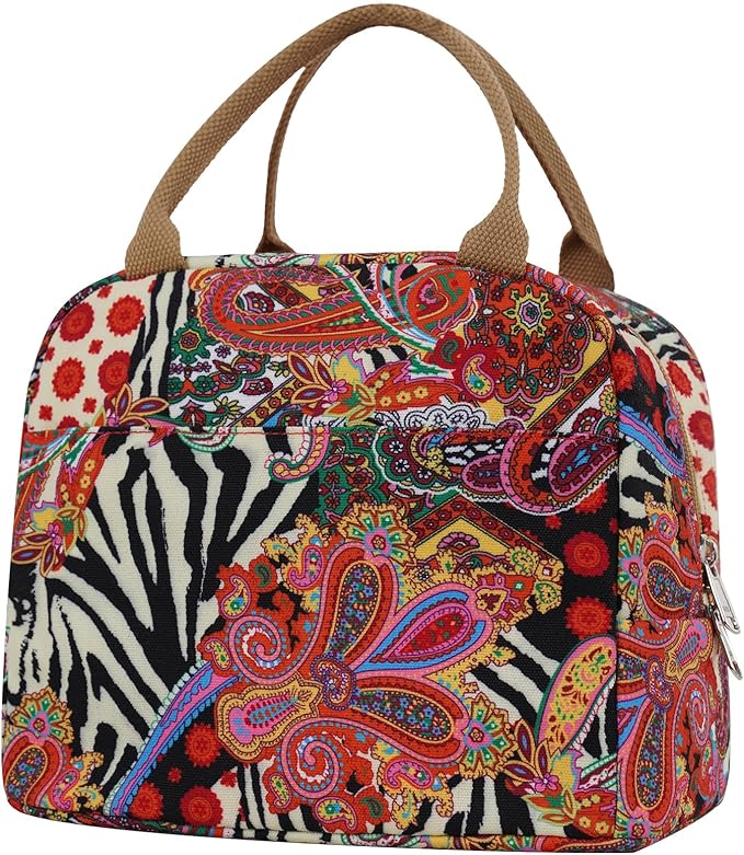 EurCross Aesthetic Lunch Box Bag for Women Daily Use,Boho Stylish Elegant Canvas Insulated Adult Lunch Bento Box Tote Bag