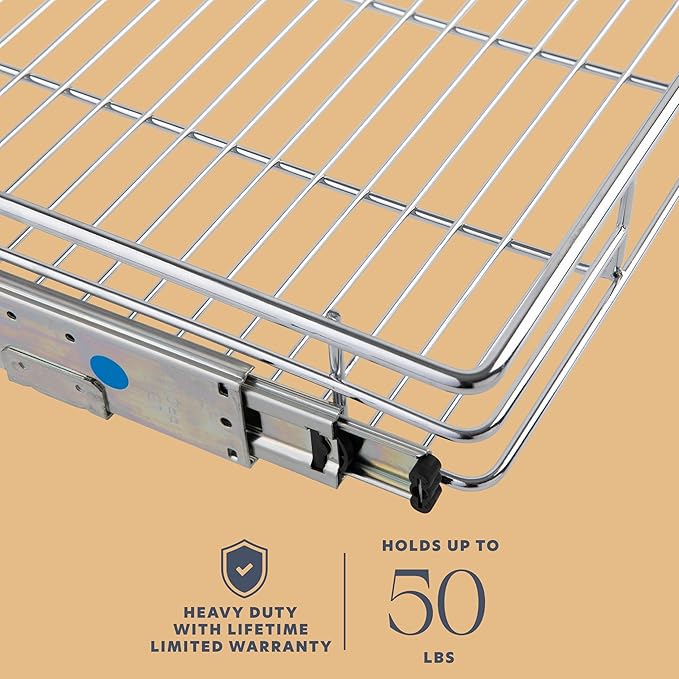 HOLDN’ STORAGE Pull Out Cabinet Organizer, Heavy Duty Caddy w/Lifetime Limited Warranty -11”W x 21”D - Requires At Least 12-1/4” Cabinet Opening, Steel Metal Cabinet Drawers Slide Out, Chrome