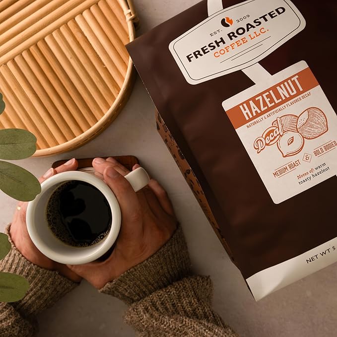 Fresh Roasted Coffee, Decaf Hazelnut Flavored Coffee, 5 lb (80 oz), Medium Roast, Kosher, Whole Bean