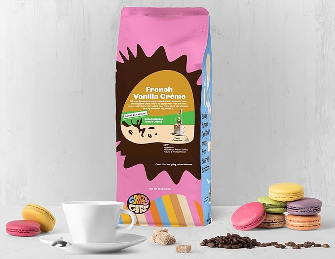 Crazy Cups Decaf Flavored Ground Coffee, French Vanilla Crème, Brew Hot or Iced Coffee, 10 Oz Bags, 3 Pack