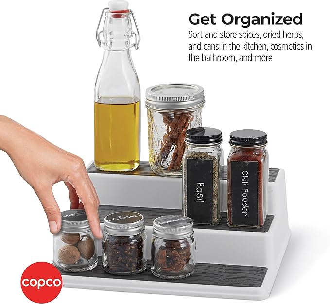 Copco 3-Tier Spice Rack Organizer for Cabinet or Pantry, 10-Inch Non-Skid Tiered Shelf, White/Gray Design Holds Spice Jars, Cans, and Bottles