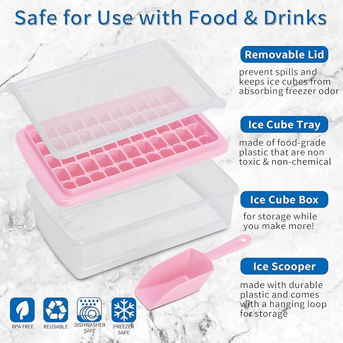 Ice Cube Tray with Lid and Bin for Freezer, Easy Release 55 Nugget Ice Tray with Cover, Storage Container, Scoop. Perfect Small Ice Cube Maker Tray & Mold. Flexable Durable Plastic, BPA Free