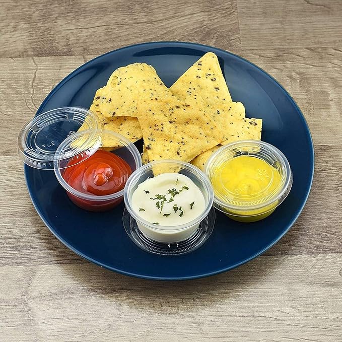DuraHome Plastic Portion Cups with Lids 2 oz. Pack of 150 Leakproof Jello Shot Cup Mini Containers for Salad Dressing Sauce Condiment Snack Souffle and Salsa, Disposable