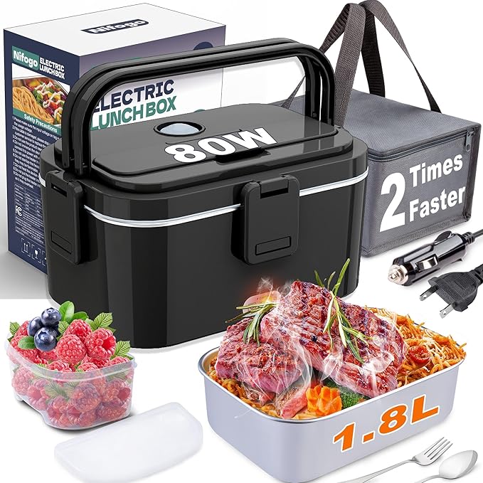 Nifogo Electric Lunch Box for Adults 80W 1.8L, Faster Heated Lunch Box for Men, Portable Electric Lunch Boxes Food Heater 12V/24V/110V Heating LunchBox for Car/Truck/Work with Bag(1.8L-Black)