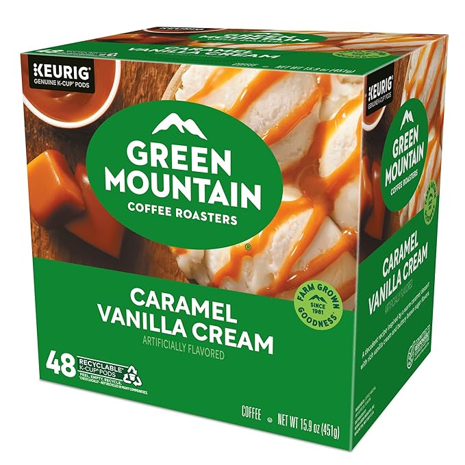Green Mountain Coffee Roasters Caramel Vanilla Cream, Single-Serve Keurig K-Cup Pods, Flavored Light Roast Coffee Pods, 48 Count