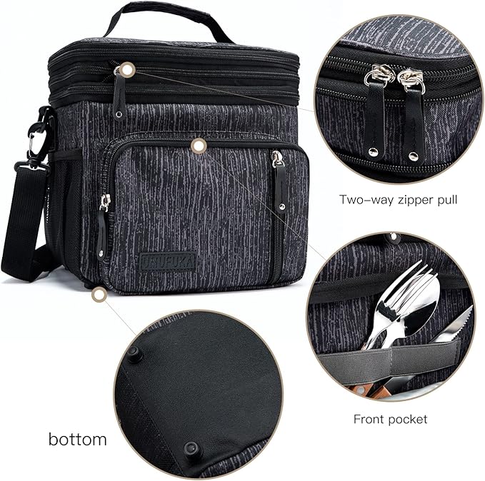 Men's Double Compartment Lunch Bag, Insulated Lunch Cooler Tote 2 Roomy Large Reusable Water-resistant Lunch Box (Blue Print, 15L)