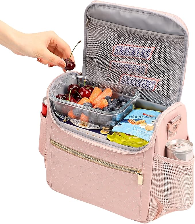 NISHEL Lunch Bag for Women, Portable Insulated Meal Box with Shoulder Strap, Resuable Leakproof Cooler Case for Work, Pink