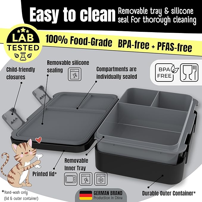 BEARFOOT Kids Lunch Box with Compartments – Compact & Lightweight | Leak-Proof, BPA-Free, Dishwasher & Microwave Safe | Hand-Drawn Design for Preschool, School, Travel (Black, 4 Cups)