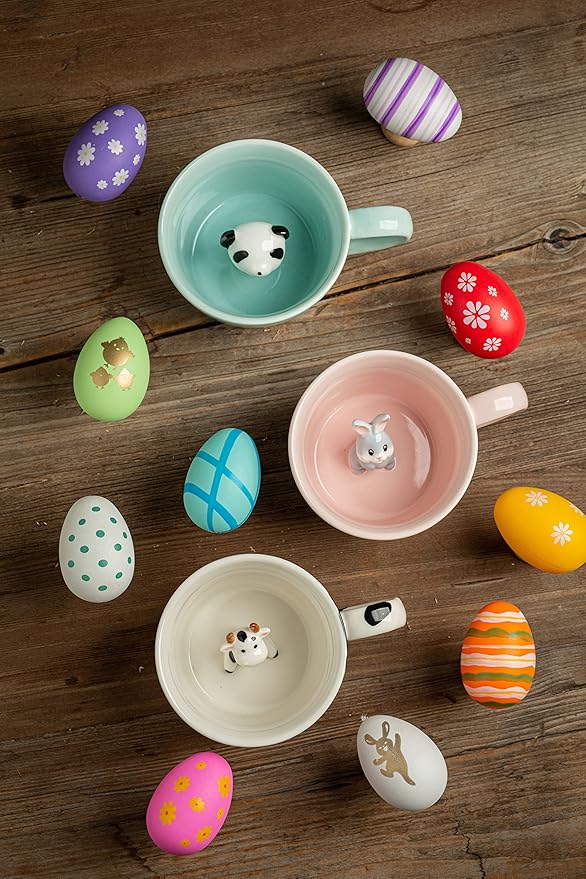 DIHOclub Rabbit Ceramic Cup Hidden 3D Animal Inside Mug,Cute Cartoon Bunny Handmade Figurine Mugs,Easter Gifts,12 OZ (Pink)