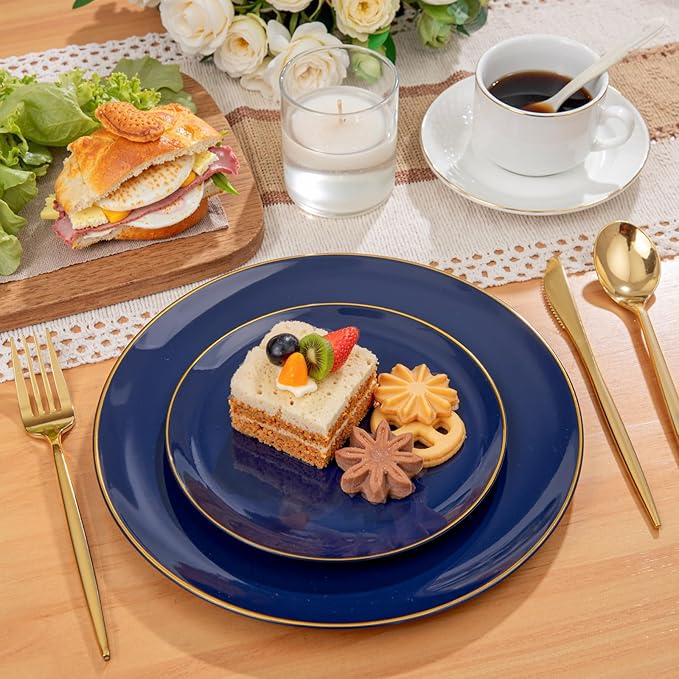 PULOTE 200 Pieces Blue Plastic Plates - Navy Blue and Gold Disposable - Include 100PCS 10 inch Dinner & 100PCS 7 inch Dessert Plate for Party & Labor Day