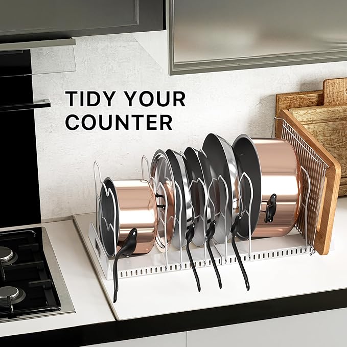 SIMPLE HOUSEWARE Expandable Pan Organizer Rack, 10 Adjustable Compartments, White - Kitchen Cabinet Organizer for Pots, Pans, Lids & Bakeware - Pantry & Countertop Storage