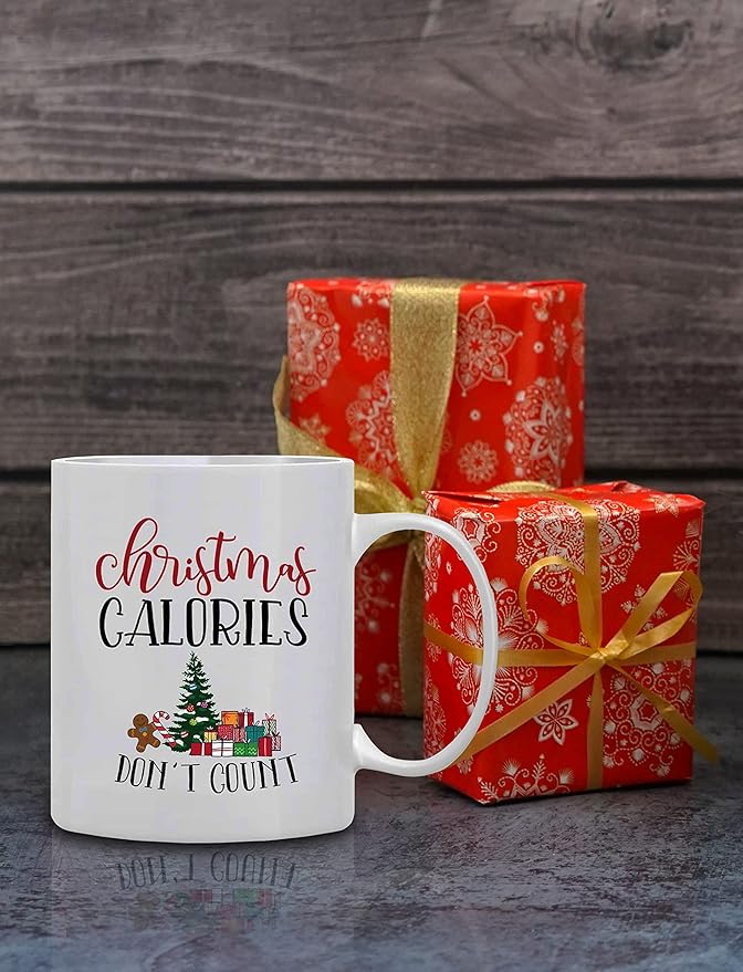 Christmas Coffee Mug ‘’ Christmas Calories Don’t Count’’, Funny Coffee Mug from Daughter, Wife and Son – Mug in Decorative Gift Box,11 Oz