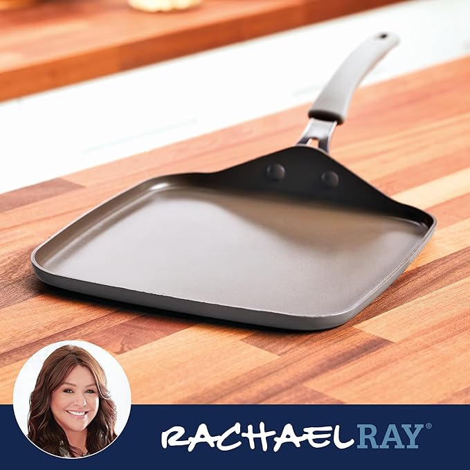 Rachael Ray Cook + Create Nonstick Stovetop Griddle/Grill Pan, Square, 11 Inch, Gray