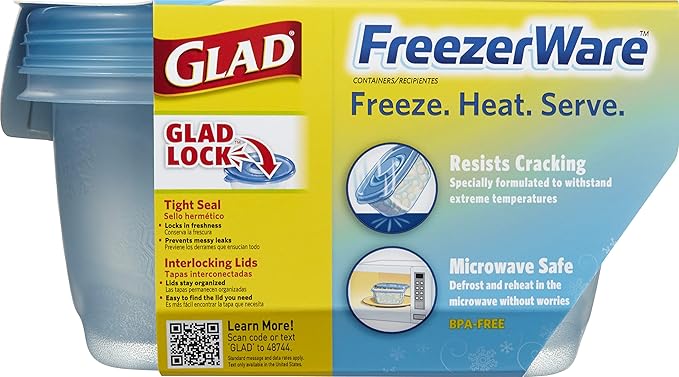 Gladware Freezerware Food Storage Containers, Large Rectangle Holds 64 Ounces of Food, 2 Count Set | Tupperware, Plastic Food Container, Meal Prep Container, Plastic Containers with Lids