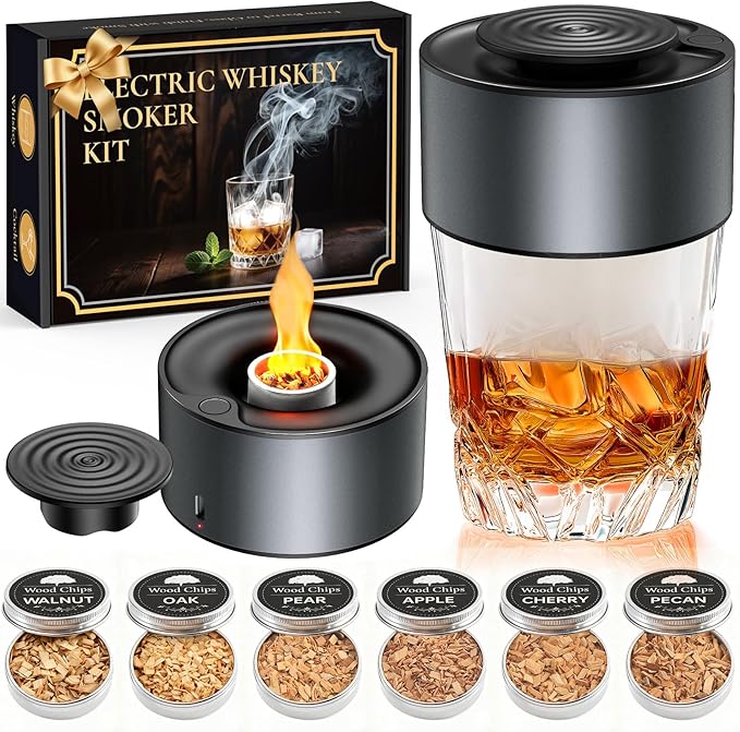 Electric Whiskey Smoker Kit, Rechargeable Bourbon Smoker Kit with 6 Flavors of Natural Wood Chips, Drink Smoker Infuser Kit Cocktail Idea Christmas Birthday Gifts for Men Husband Dad Him