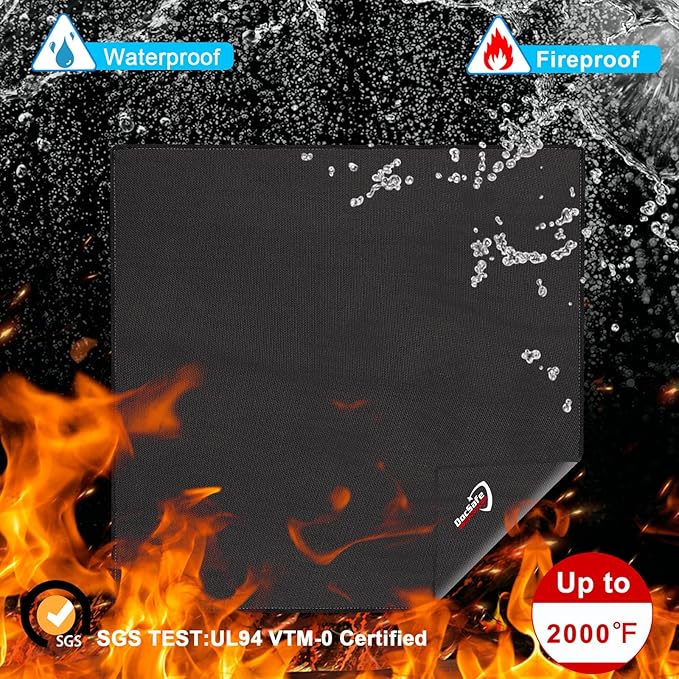 DocSafe Large Under Grill Mat 48" Square Fire Pit Mat,4 Layers Fireproof Grill Pads Protect for Deck,Patio,Outdoor Charcoal,Smokers,Wood Floor,Indoor Fireplace,Reusable Oil-Proof＆Waterproof,Black