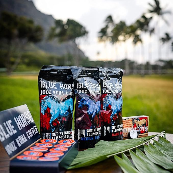 Blue Horse 100% Kona Coffee Peaberry, Medium Roast, Arabica Whole Beans, 12 oz Bag, Farm Fresh, Authentic Hawaiian Coffee from the Big Island