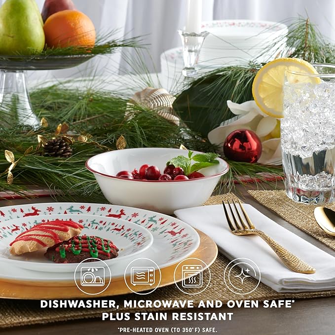 Corelle Vitrelle 18-Piece Christmas Service for 6 Dinnerware Set, Triple Layer Glass and Chip Resistant, Lightweight Round Holiday Plates and Bowls Set, Be Merry