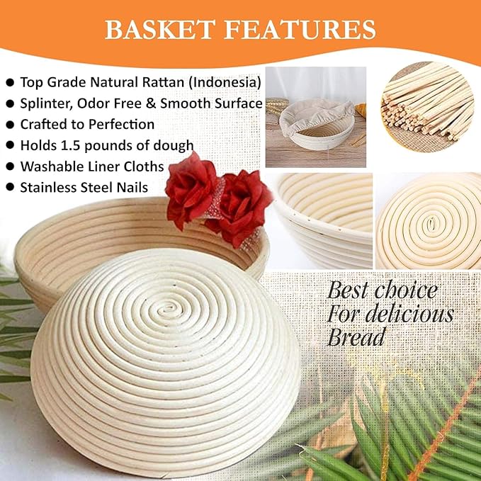 Banneton Bread Proofing Basket Set - 9 Inch round sourdough proofing basket with Silicone Bread Sling, Dough Scrapers, Bread lame, Dough Whisk and a Cleaning Brush