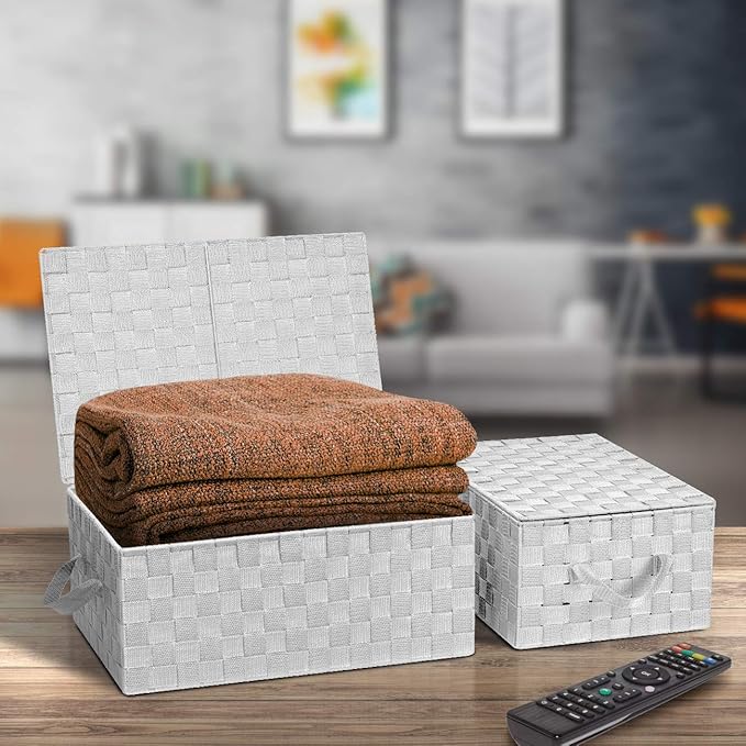 Sorbus Set of 3 Storage Baskets for Organizing with Lid, Mesh Hand-Woven Design, Linen Closet Organizers and Storage, Organizer Storage Baskets for Shelves, Variety Pack Organizers and Storage (White)