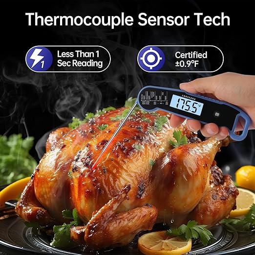 Lonicera Digital Meat Thermometer for Food Cooking. Instant Read Within 1 Sec and ±0.9℉Accuracy with Thermocouple Sensor. IP67 Waterproof, Auto-Rotating Display, Auto Wake up (Blueberry)