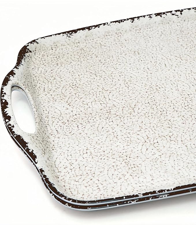TP Serving Trays with Handles, 17 x 12 Inch Melamine Serving Platters for Food, Meat, Set of 2 Rectangular Trays for Eating, Rustic White