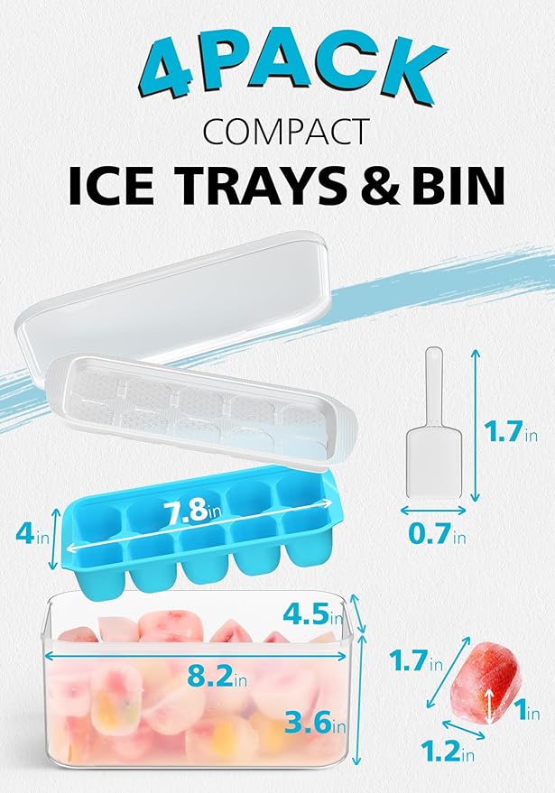 DOQAUS Ice Cube Tray with Lid and Bin, 4 Pack Easy Pop Out Silicone Ices Cubes Trays for Freezer with Cover, Stackable Compact Ice Bucket Kits, for Soup, Food, Cocktail, Coffee